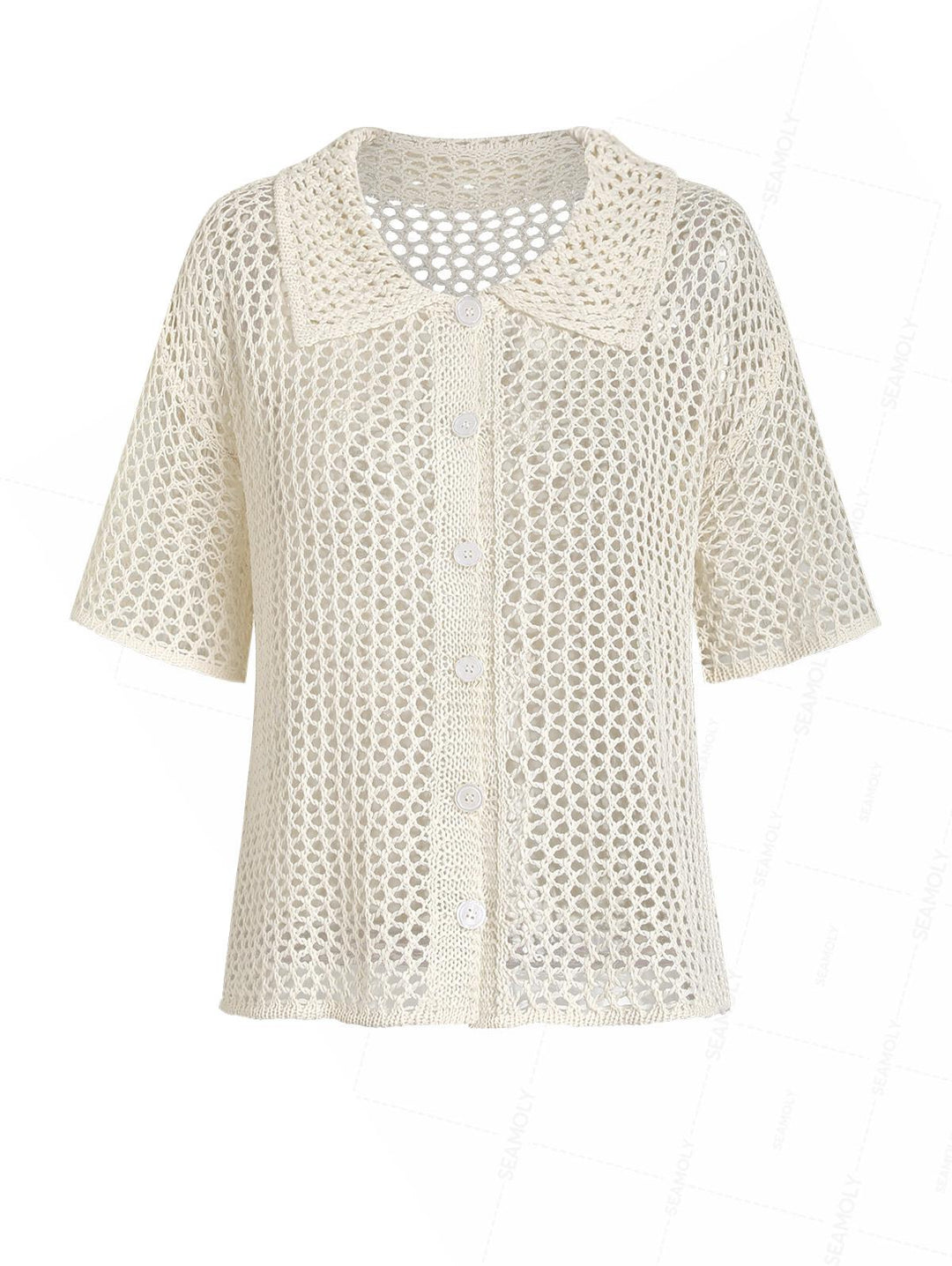 Crochet Hollow Out Short Sleeve Shirt And Pants Beach Cover Up Two Piece Set