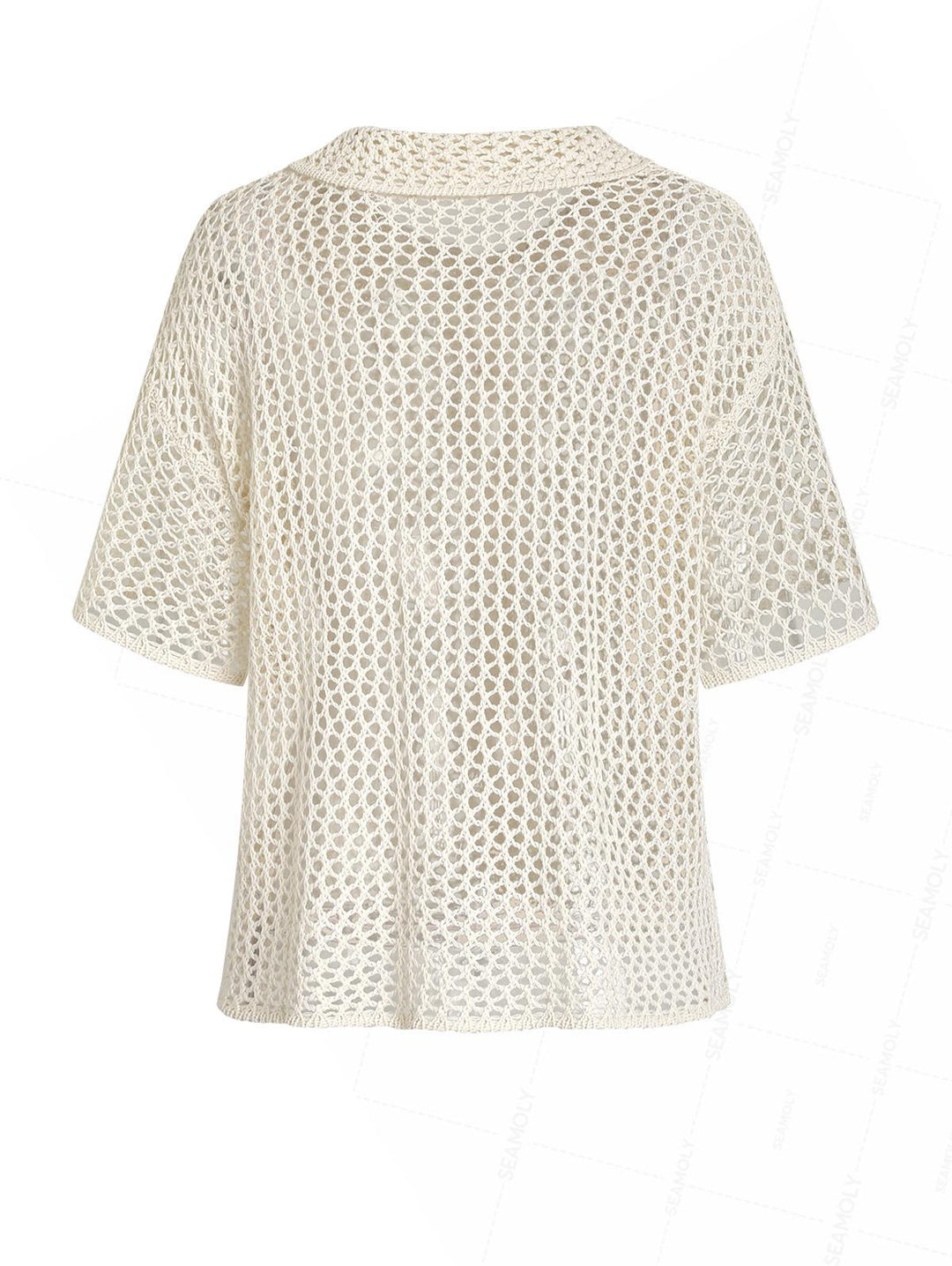 Crochet Hollow Out Short Sleeve Shirt And Pants Beach Cover Up Two Piece Set