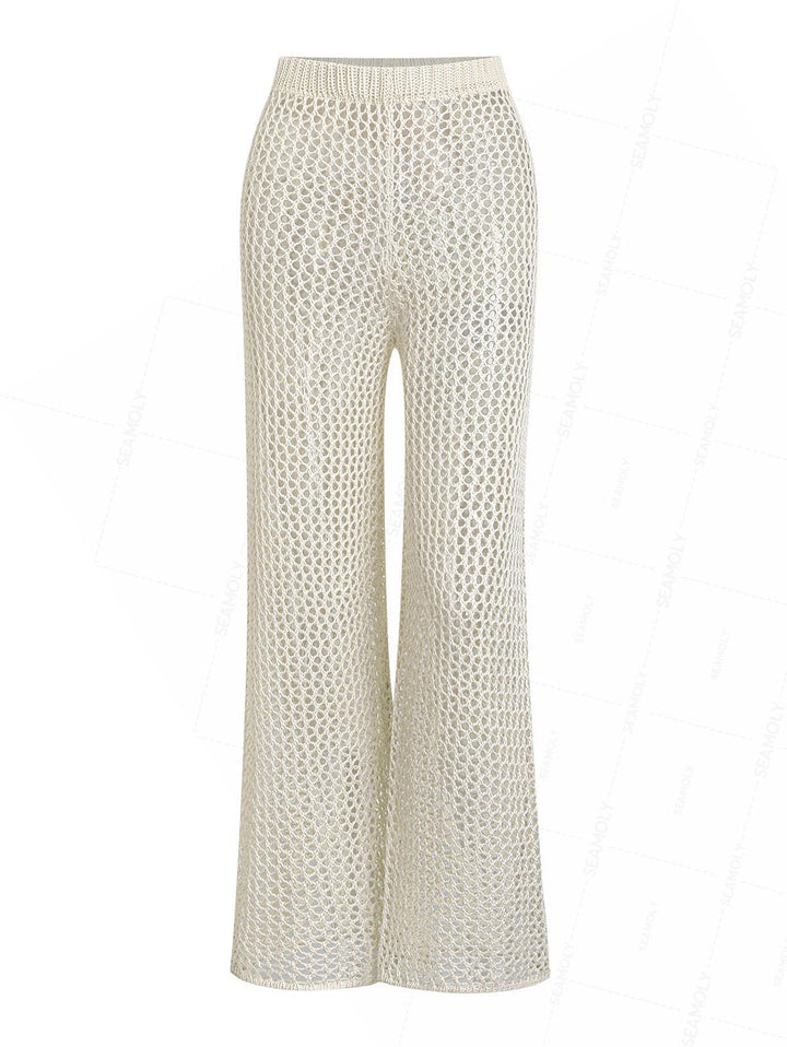 Crochet Hollow Out Short Sleeve Shirt And Pants Beach Cover Up Two Piece Set