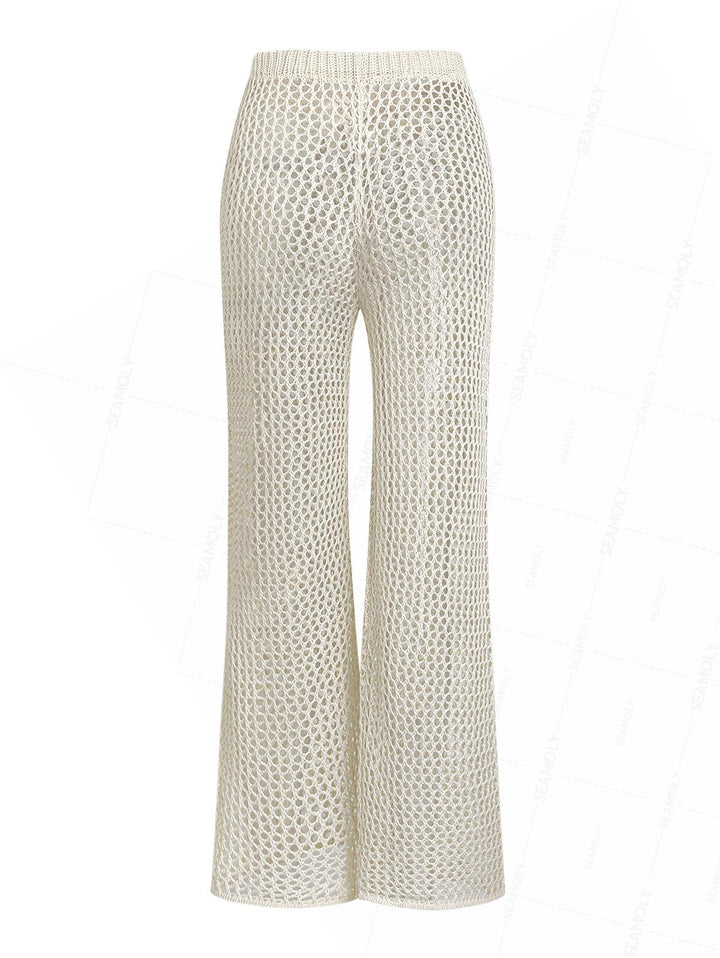 Crochet Hollow Out Short Sleeve Shirt And Pants Beach Cover Up Two Piece Set