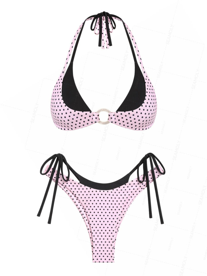Seamolly Polka Dot Print Contrast Color O Ring Double Layer Bikini Set