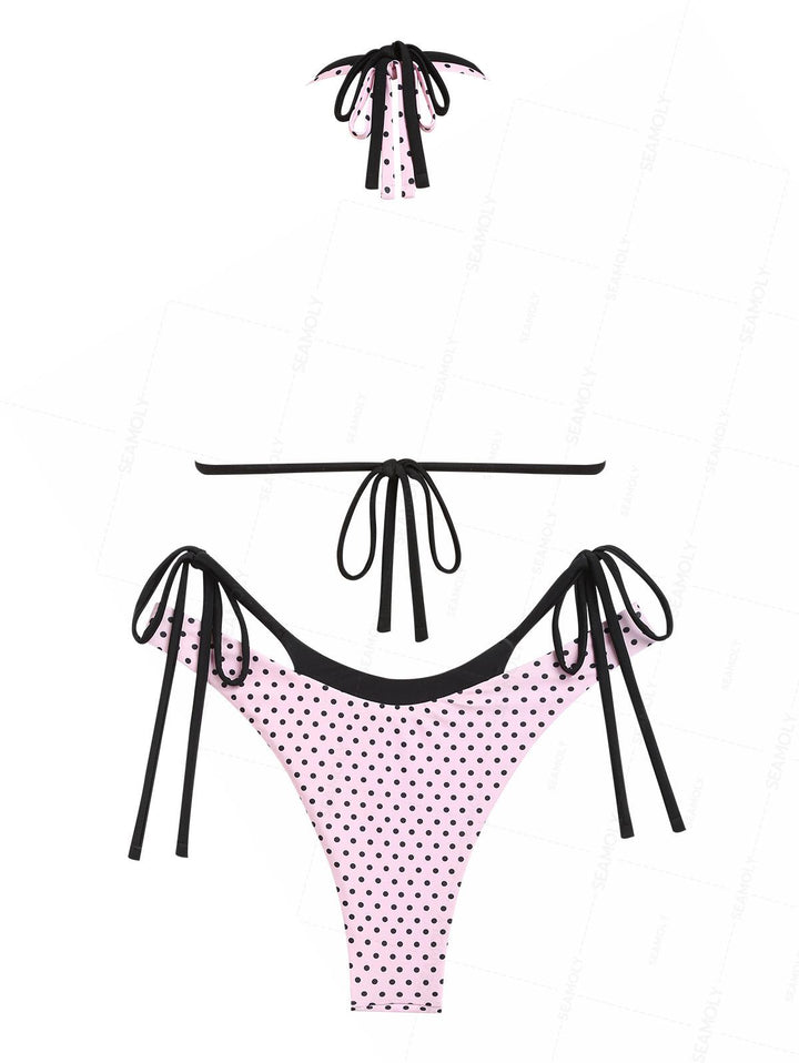 Seamolly Polka Dot Print Contrast Color O Ring Double Layer Bikini Set