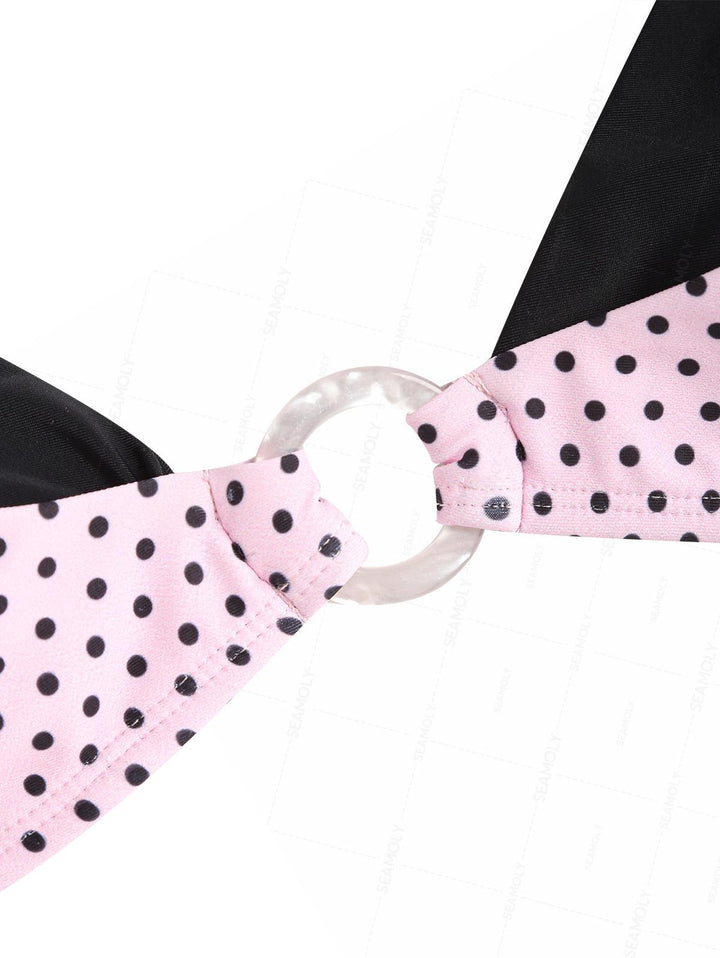 Seamolly Polka Dot Print Contrast Color O Ring Double Layer Bikini Set
