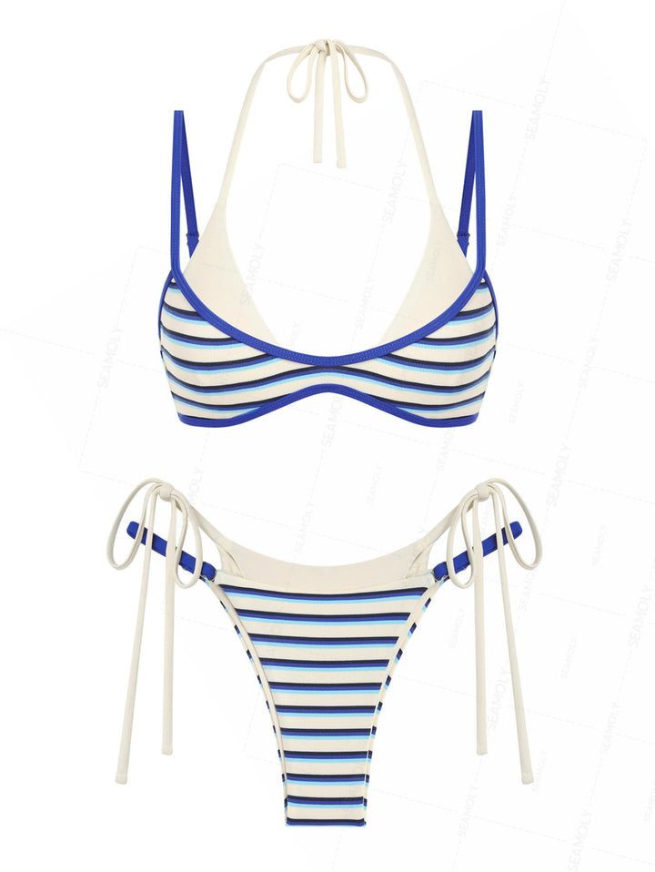 Seamolly Contrast Color Striped String Double Layer Bikini Set