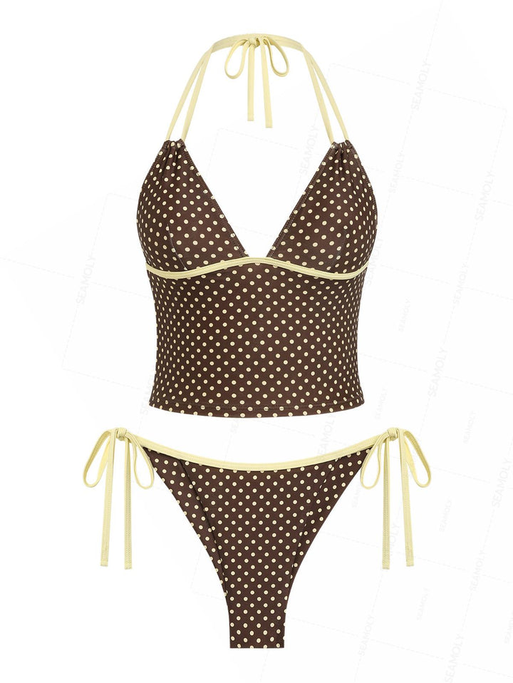 Seamolly Polka Dot Print Halter Tank Top & Cheeky Brazilian Bottom Tankini Set
