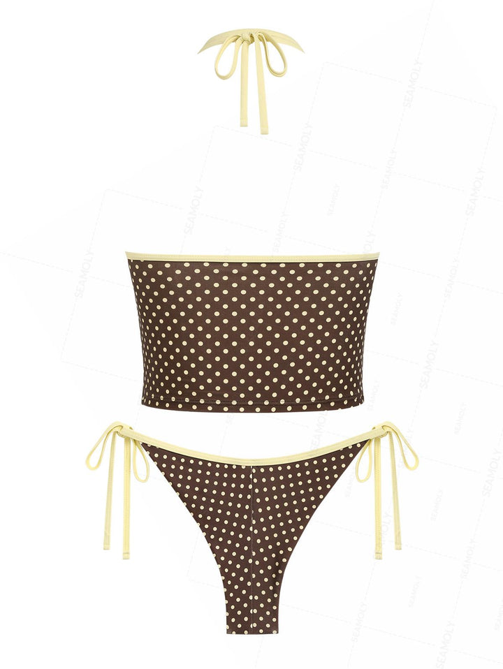 Seamolly Polka Dot Print Halter Tank Top & Cheeky Brazilian Bottom Tankini Set