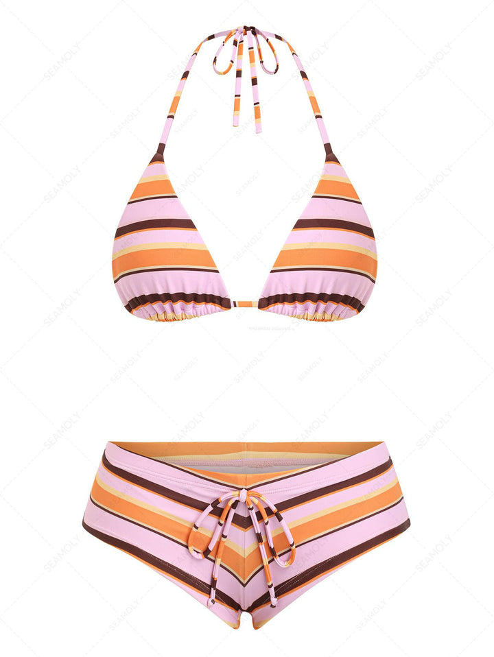 Seamolly Striped Halter Triangle Cheeky Boyshorts Bikini Set