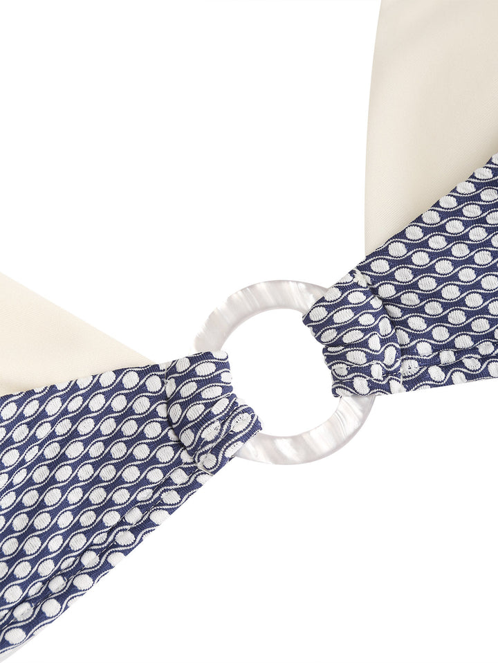 Deep Blue Contrast Color Polka Dot O Ring Double Layer Bikini Set