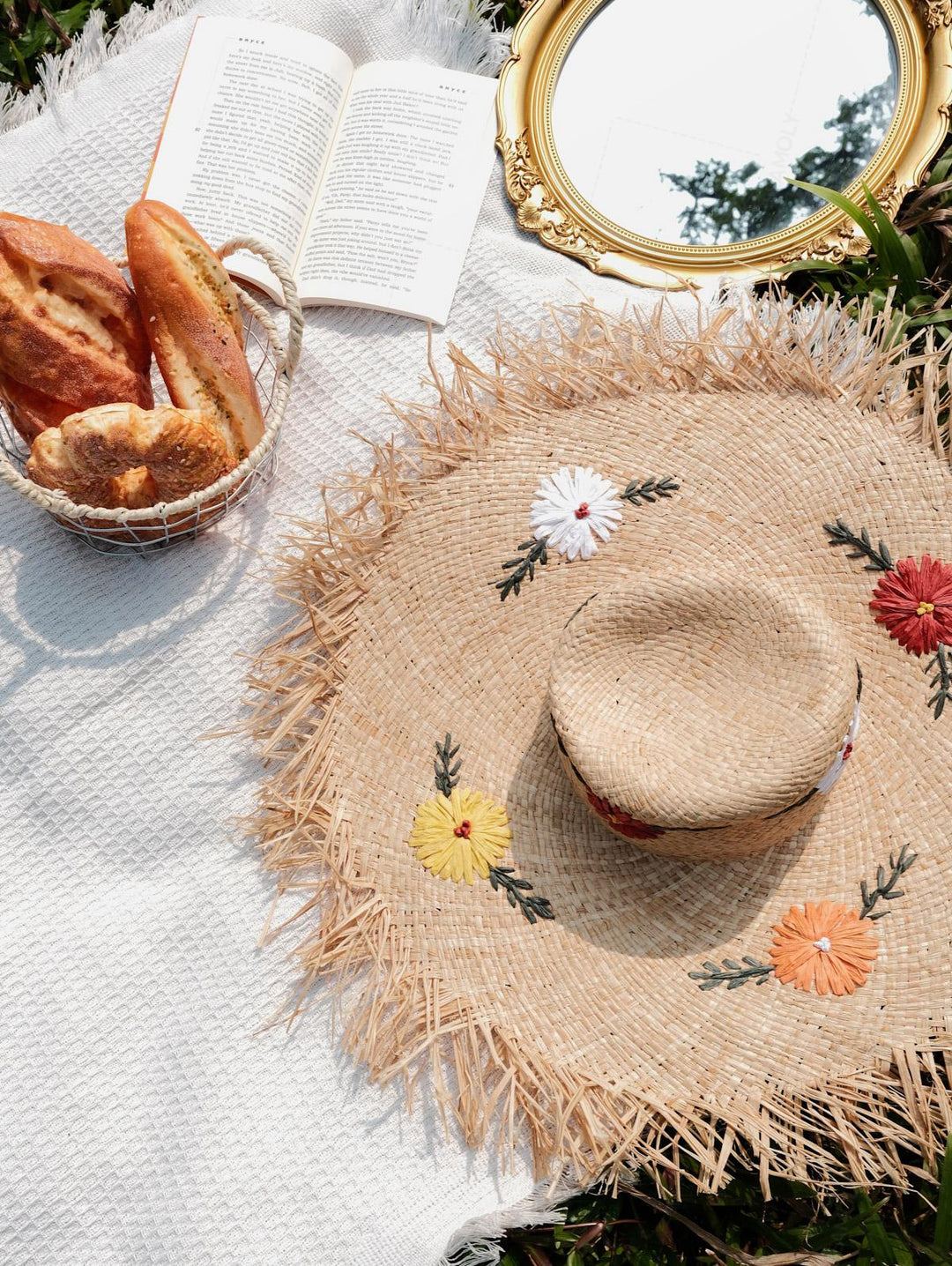 Embroidered Daisy Floral Leaf Wide Brim Fringed Edge Raffia Straw Sun Hat
