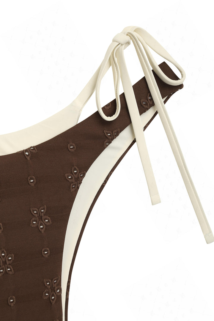 Deep Coffee Recycled Fabric Eyelet Jacquard O Ring Double Layer Bikini Set