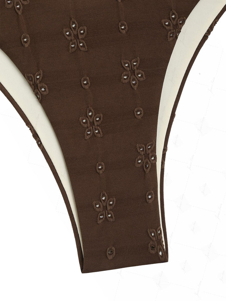 Deep Coffee Recycled Fabric Eyelet Jacquard O Ring Double Layer Bikini Set