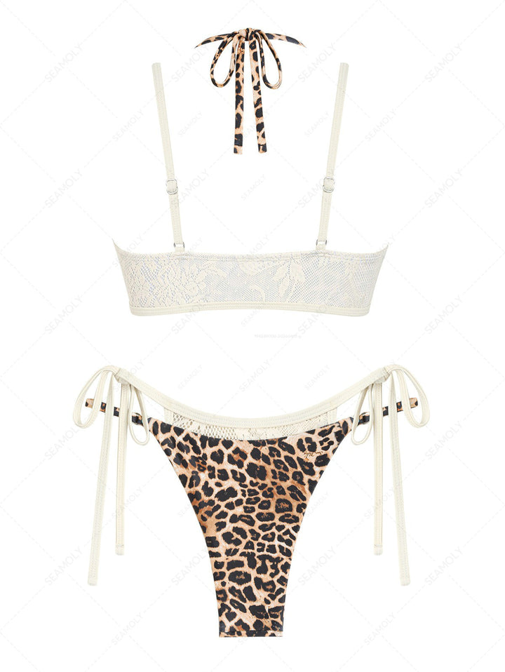 Seamolly Leopard Print Contrast Lace String Double Layer Bikini Set