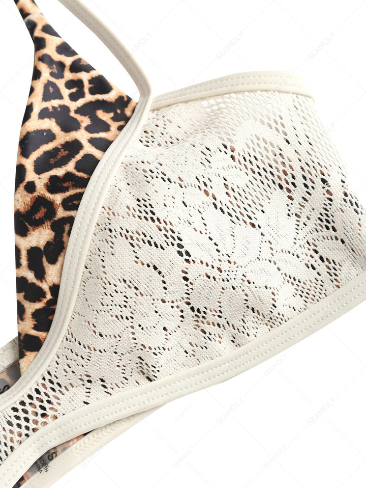 Seamolly Leopard Print Contrast Lace String Double Layer Bikini Set