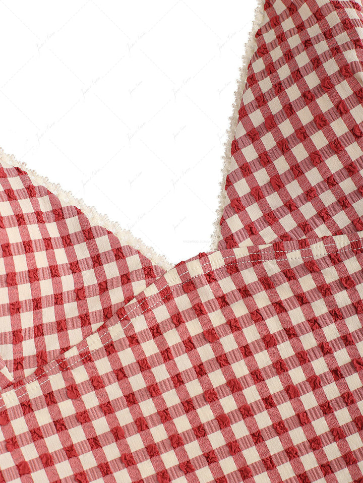 Pomegranate Red Gingham Lace Tank Top & Cheeky Brazilian Bottom Tankini Set