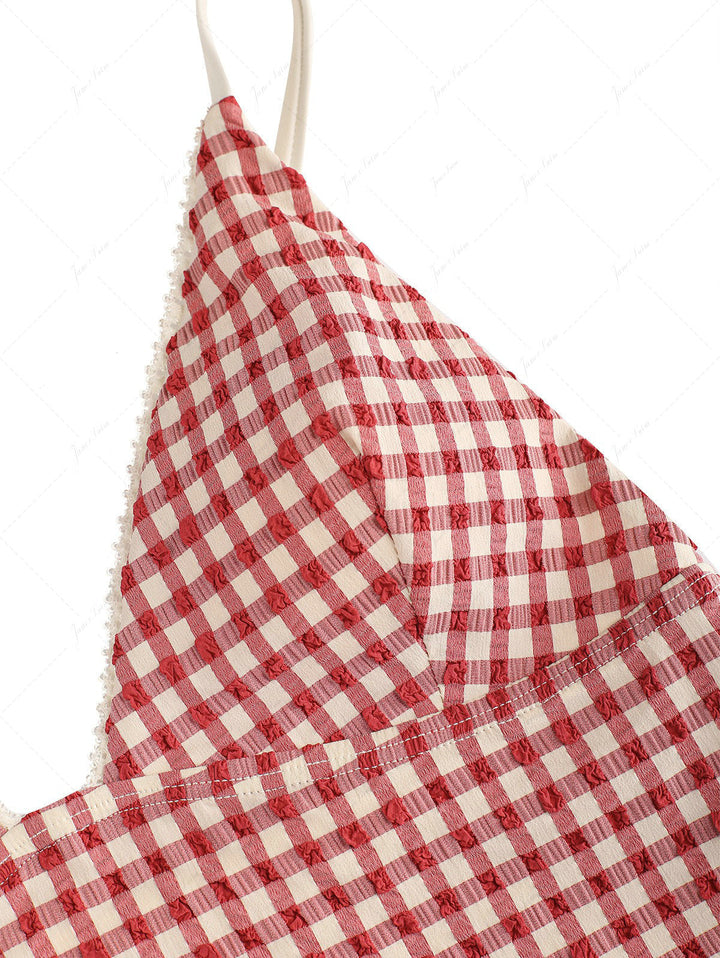 Pomegranate Red Gingham Lace Tank Top & Cheeky Brazilian Bottom Tankini Set