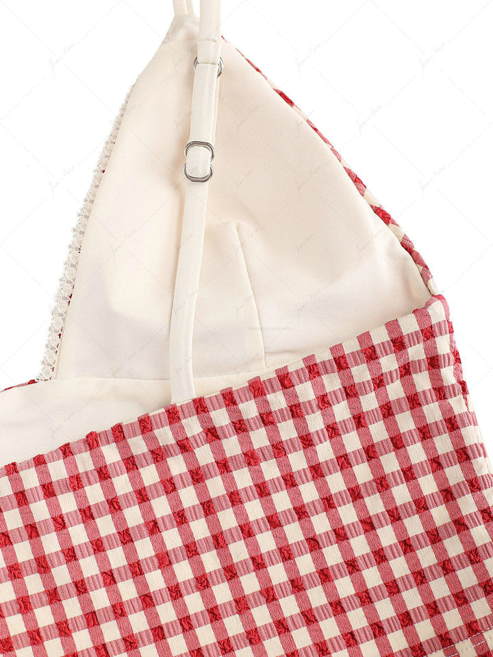 Pomegranate Red Gingham Lace Tank Top & Cheeky Brazilian Bottom Tankini Set