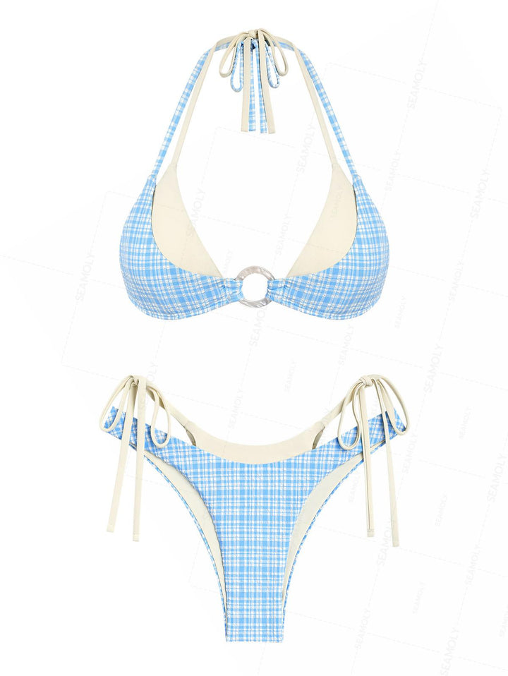 Seamolly 3 Piece Gingham Textured O Ring Double Layer Cheeky Boyshort Bikini Set