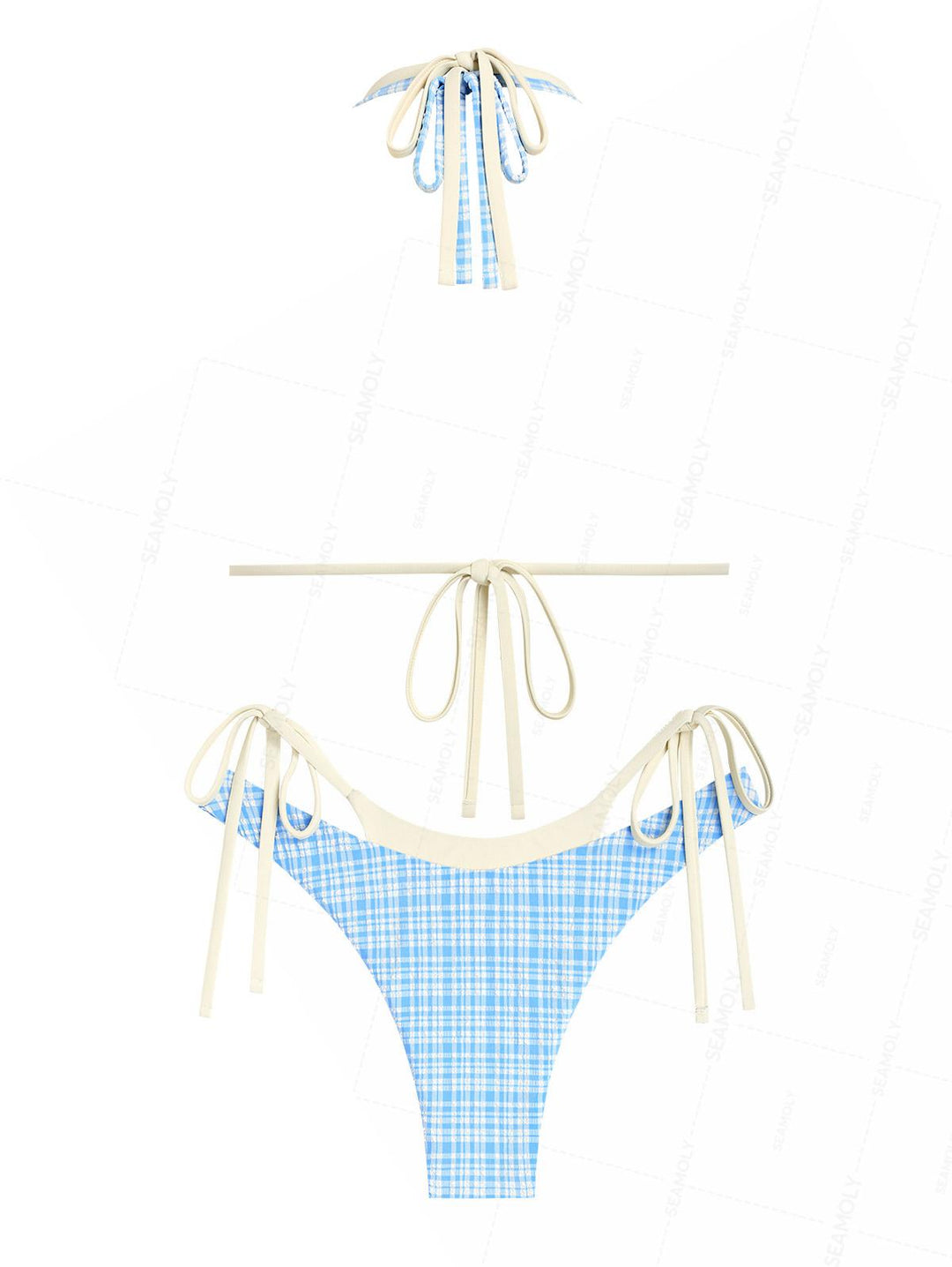 Seamolly 3 Piece Gingham Textured O Ring Double Layer Cheeky Boyshort Bikini Set