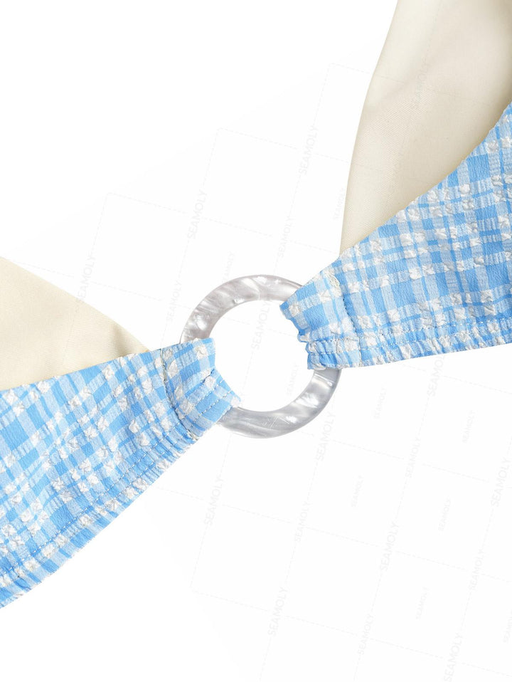 Seamolly 3 Piece Gingham Textured O Ring Double Layer Cheeky Boyshort Bikini Set