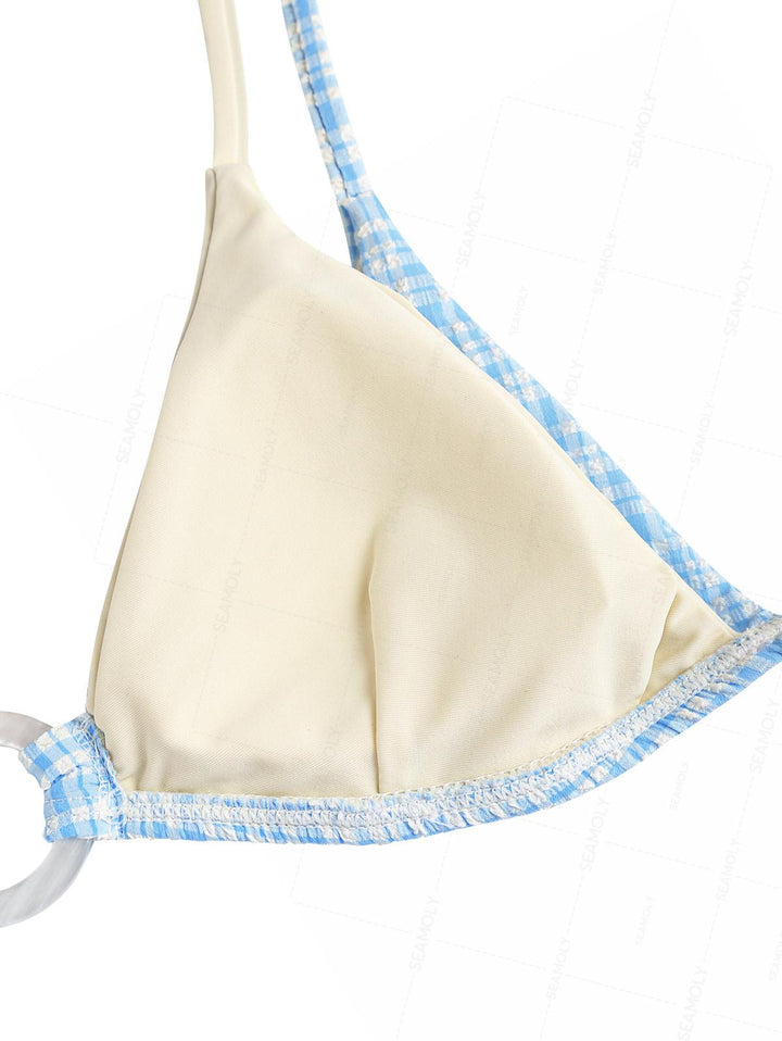 Seamolly 3 Piece Gingham Textured O Ring Double Layer Cheeky Boyshort Bikini Set