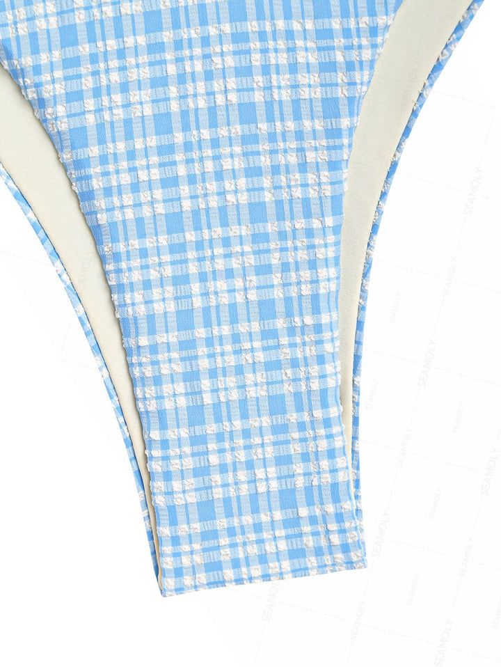 Seamolly 3 Piece Gingham Textured O Ring Double Layer Cheeky Boyshort Bikini Set