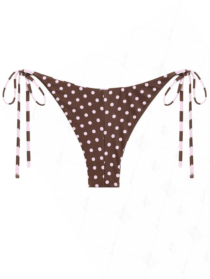 Pink Striped Polka Dot Print Reversible Cheeky Brazilian Bikini Bottom