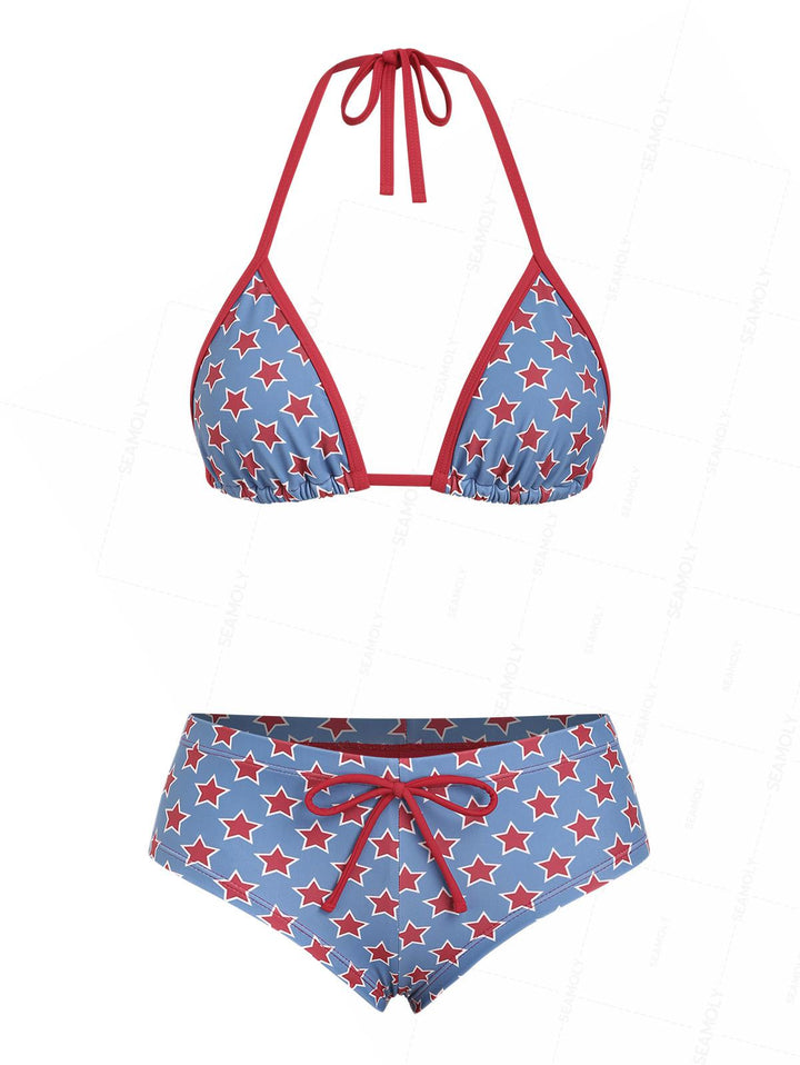 Seamolly Stars Print Contrast Binding Cheeky Boyshorts Bikini Set for 4th of July