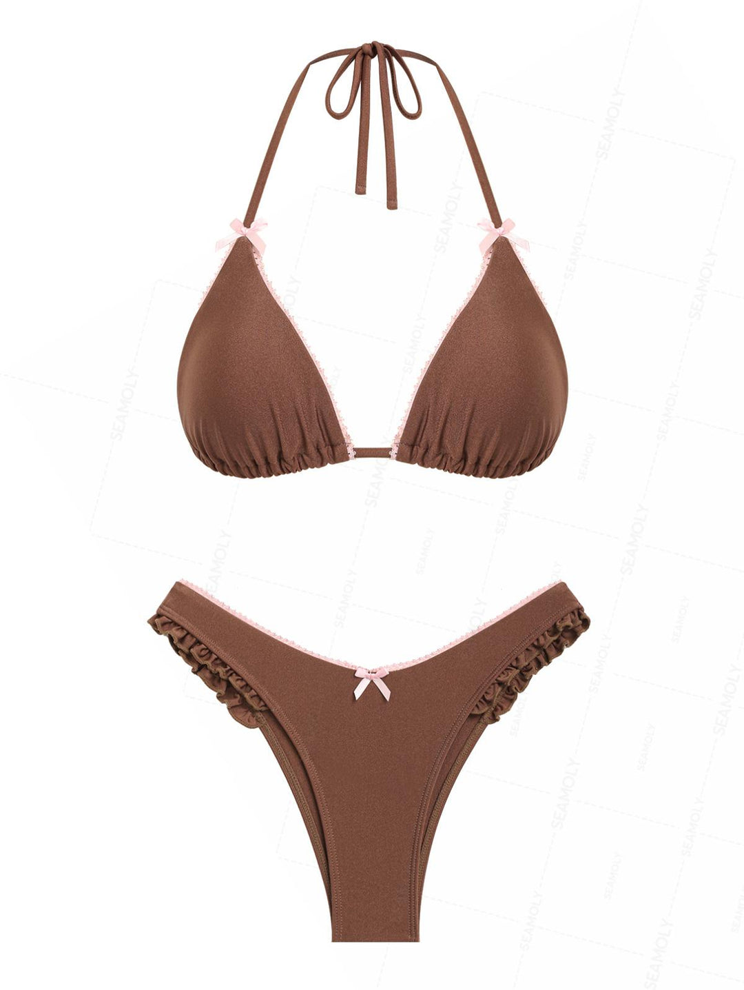 Seamolly Contrast Color Lace Bowknot Ruffles Halter Triangle Bikini Set
