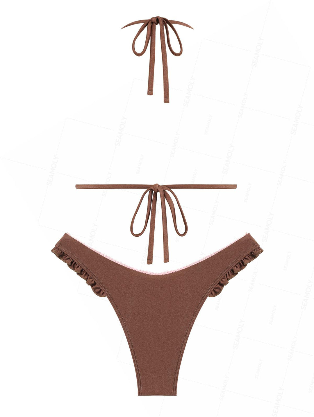 Seamolly Contrast Color Lace Bowknot Ruffles Halter Triangle Bikini Set
