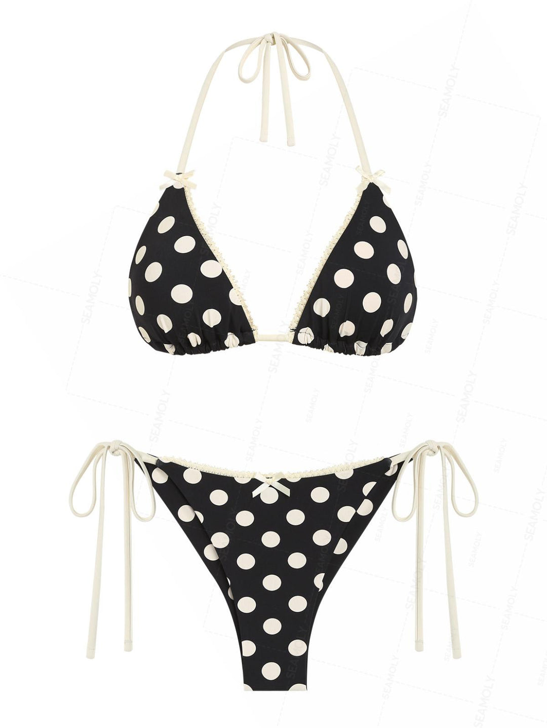 Seamolly Polka Dot Lace Bowknot Triangle Top & Cheeky Brazilian Bottom Bikini Set