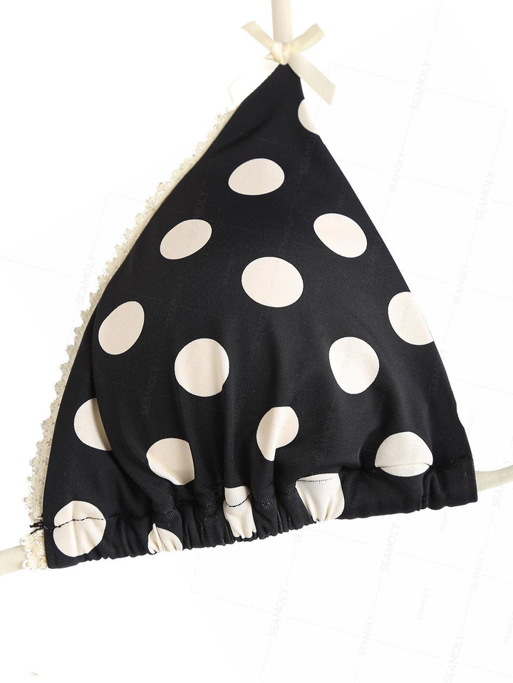 Seamolly Polka Dot Lace Bowknot Triangle Top & Cheeky Brazilian Bottom Bikini Set