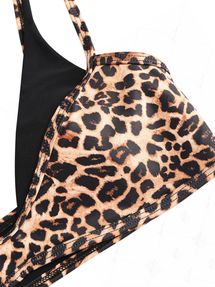 Coffee Leopard Print Double Layer Top & Cheeky Boyshorts Bikini Set