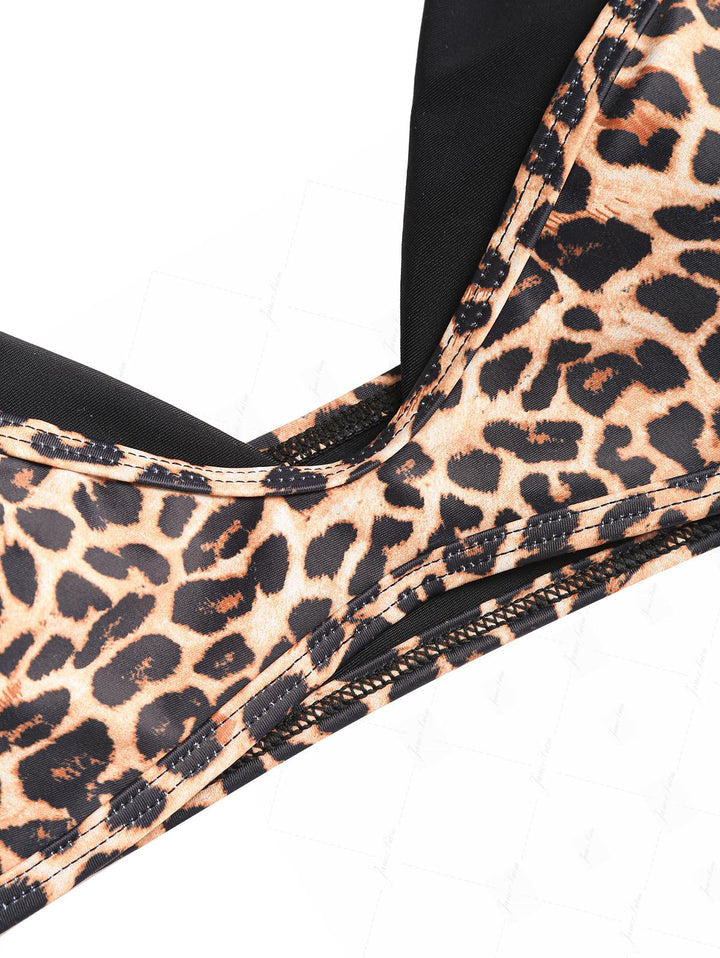 Coffee Leopard Print Contrast Color String Double Layer Bikini Set