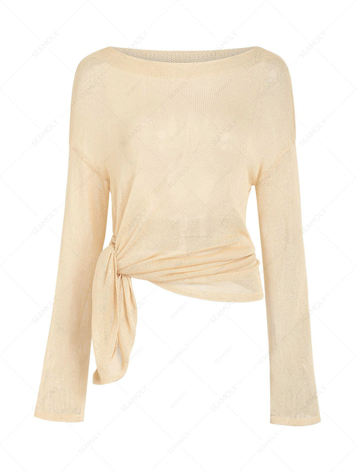 Solid Color Slit Side Long Sleeve Pullover Beach Top