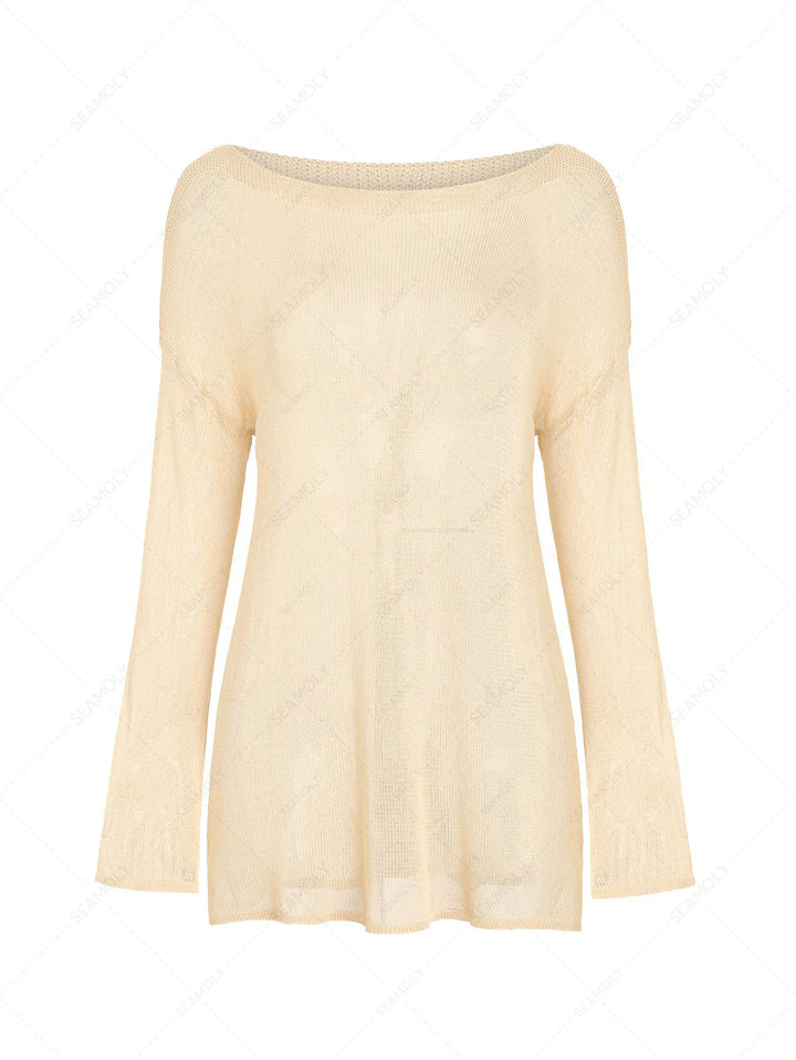 Solid Color Slit Side Long Sleeve Pullover Beach Top