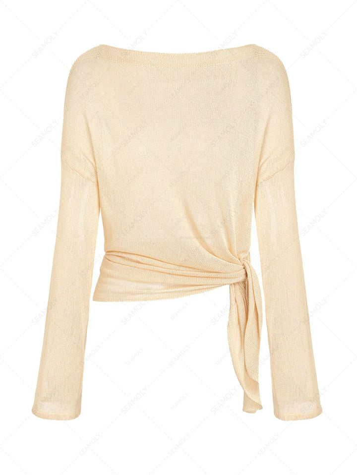 Solid Color Slit Side Long Sleeve Pullover Beach Top