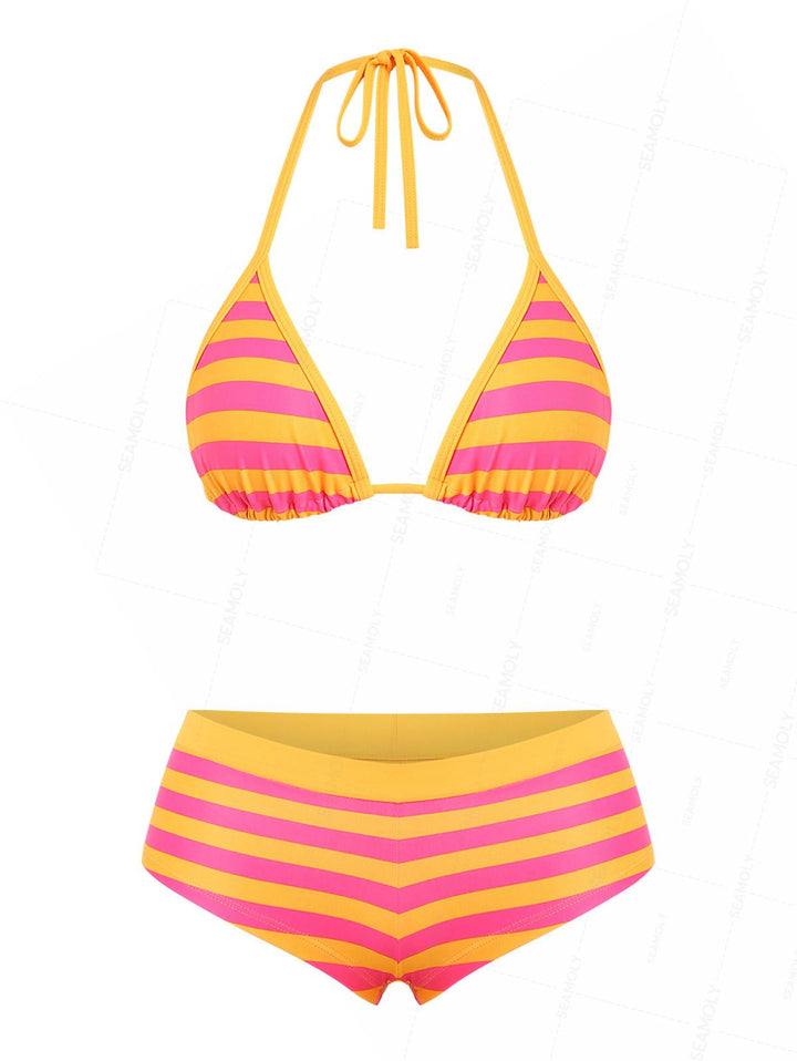 Seamolly Striped Contrast Binding Triangle Cheeky Boyshorts Bikini Set