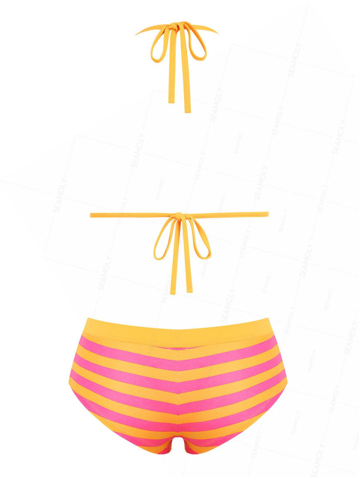 Seamolly Striped Contrast Binding Triangle Cheeky Boyshorts Bikini Set