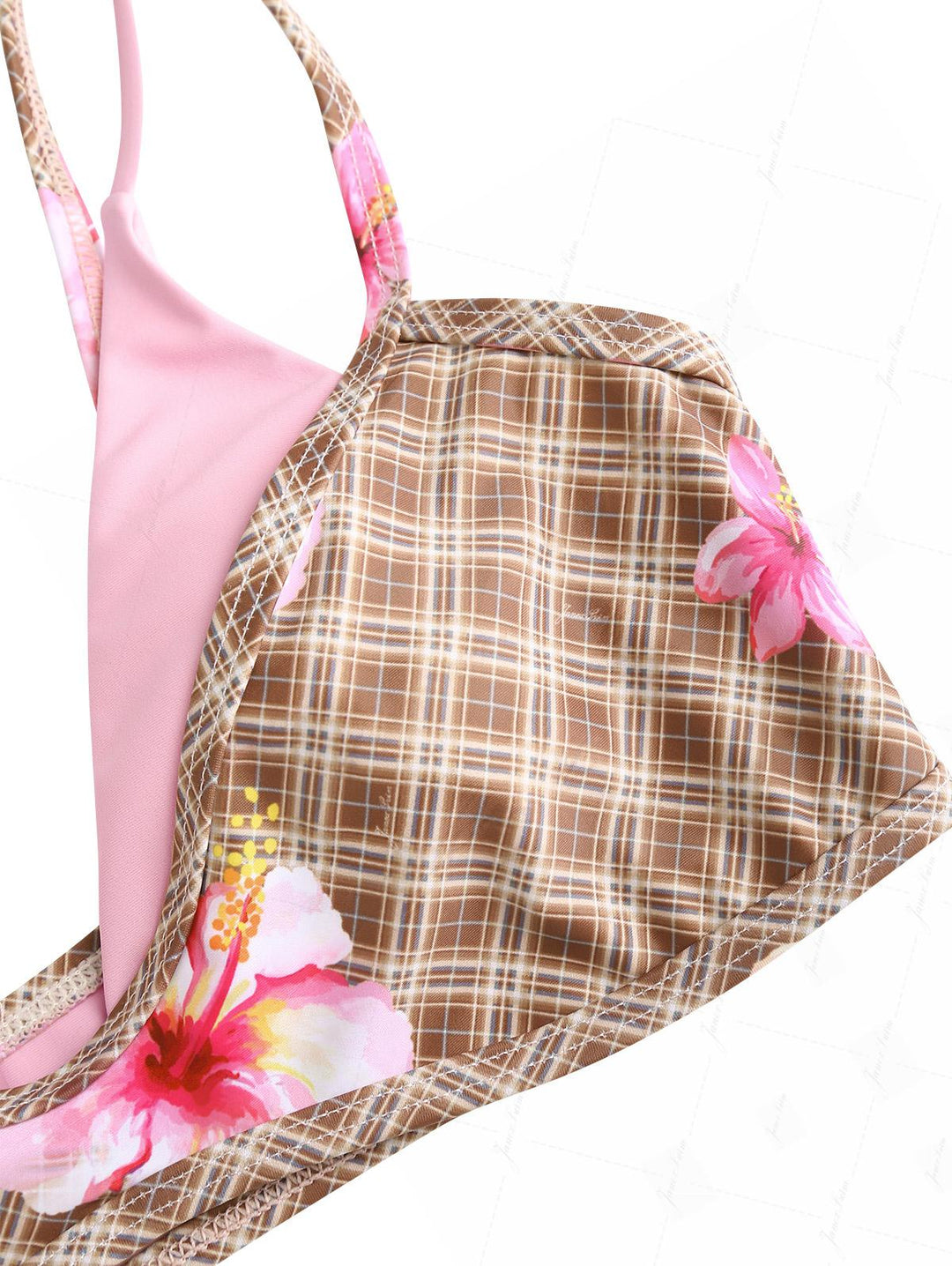 Coffee Plaid Floral Hibiscus Print String Double Layer Bikini Set