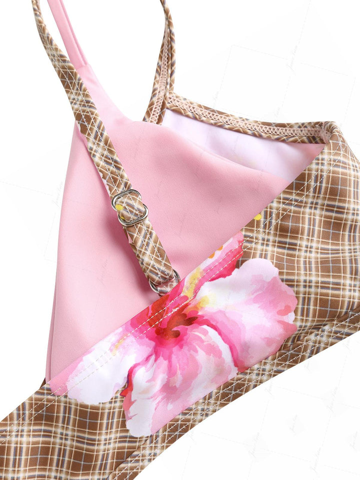 Coffee Plaid Floral Hibiscus Print Double Layer Top & Cheeky Boyshorts Bikini Set