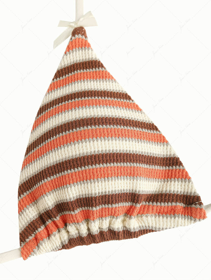 Burnt Orange Striped Textured Bowknot Triangle Cheeky Boyshorts Bikini Set