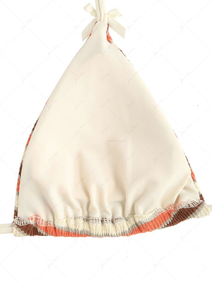 Burnt Orange Striped Textured Bowknot Triangle Cheeky Boyshorts Bikini Set