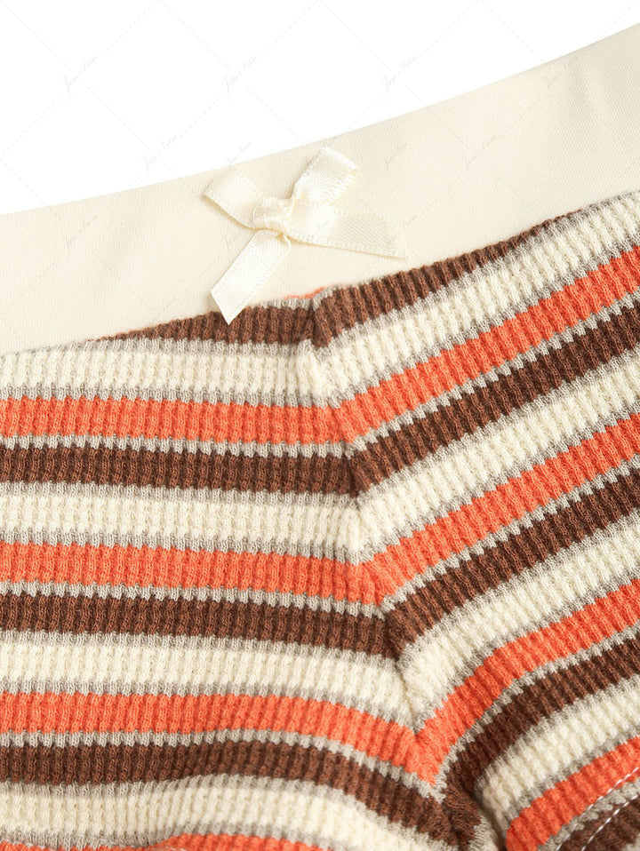 Burnt Orange Striped Textured Bowknot Triangle Cheeky Boyshorts Bikini Set