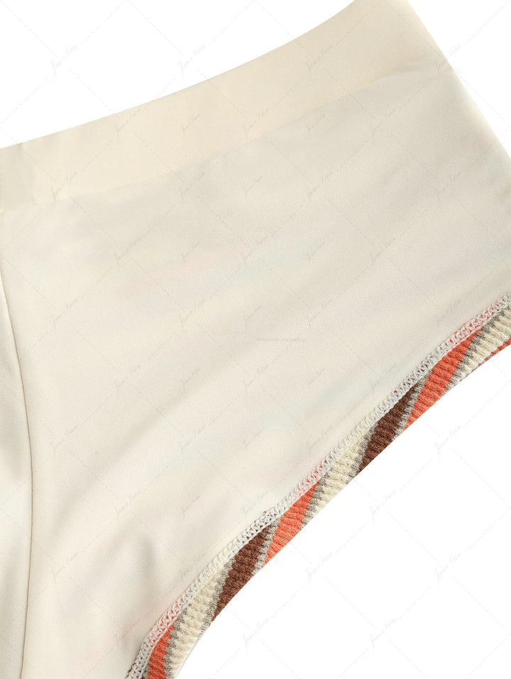 Burnt Orange Striped Textured Bowknot Triangle Cheeky Boyshorts Bikini Set