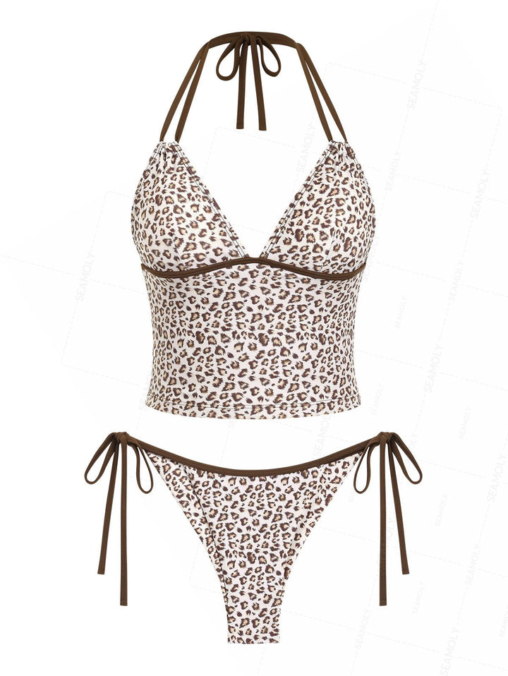 Seamolly 3 Piece Leopard Print Halter Brazilian Cheeky Boyshort Tankini Set