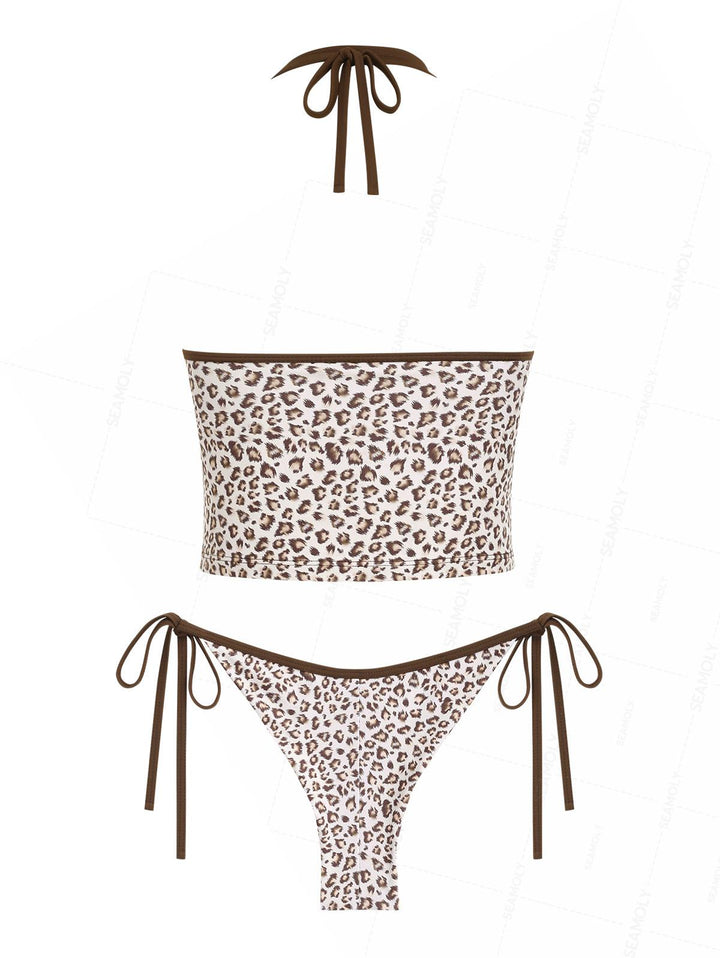 Seamolly 3 Piece Leopard Print Halter Brazilian Cheeky Boyshort Tankini Set