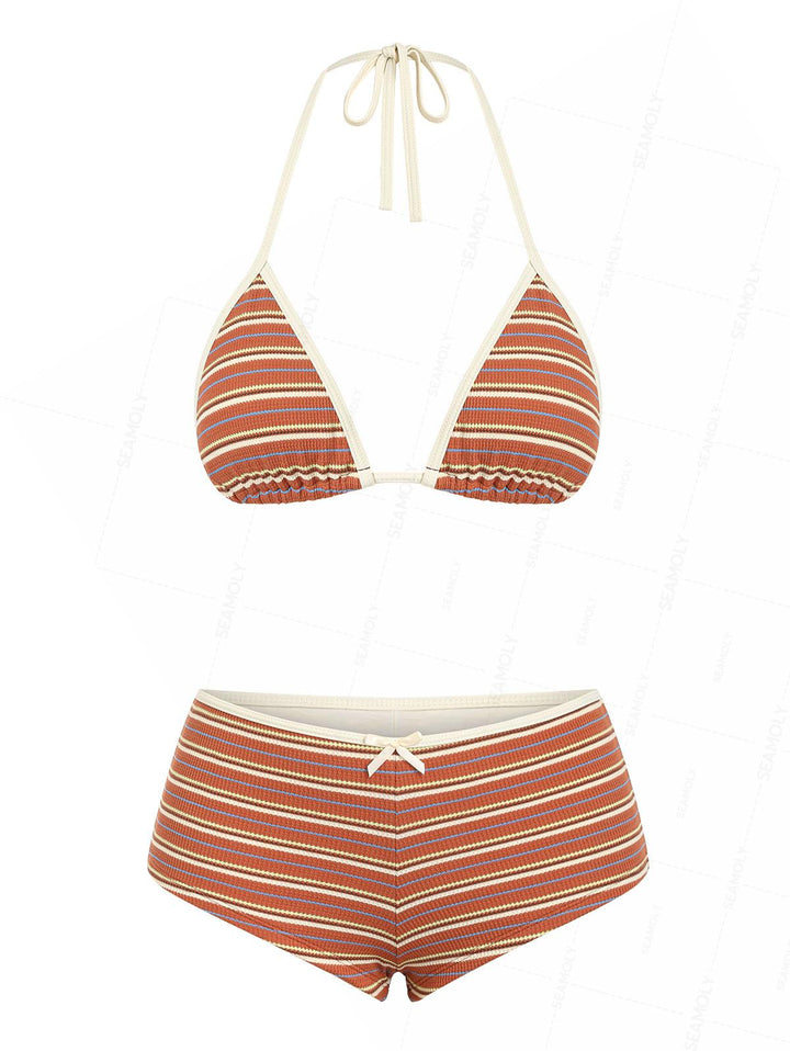 Seamolly Striped Contrast Binding Triangle Cheeky Boyshorts Bikini Set