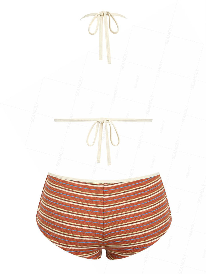 Seamolly Striped Contrast Binding Triangle Cheeky Boyshorts Bikini Set