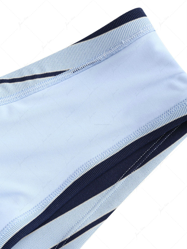 Blue Striped Bowknot Triangle Cheeky Boyshorts Bikini Set