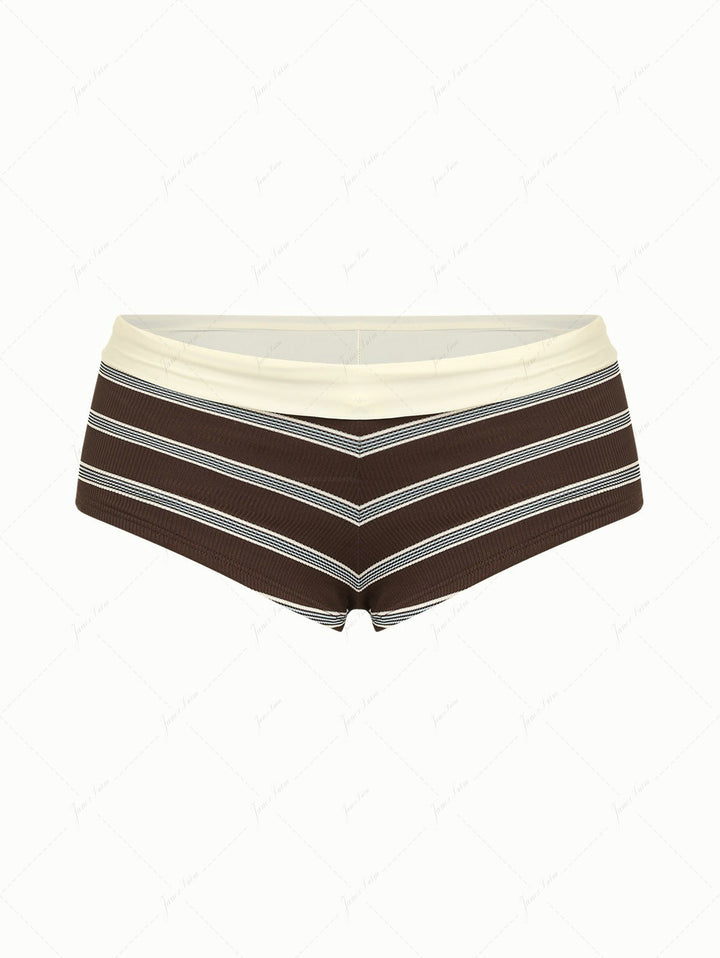 Deep Coffee Striped Two-way Bikini Bottom Cheeky Swim Boyshorts